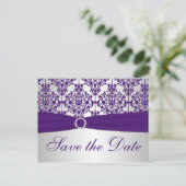 Postale Faire-part Argent et pourpre Damask Enregistrer la carte Date (Debout devant)