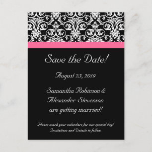 Postale Faire-part Black Pink Passion Damask Enregistrer la carte Dat
