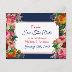 Postale Faire-part Blue Burgundy Floral Enregistrer la date Carte pos