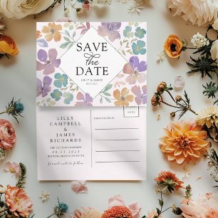 Postale Faire-part Boho Rouge et Fleurs Sauvages Violettes Carte de P