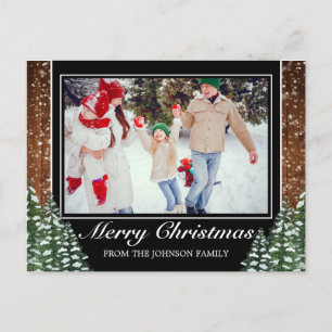 Postale Faire-part Bois enneigé noir et photo de forêt Noël Carte de