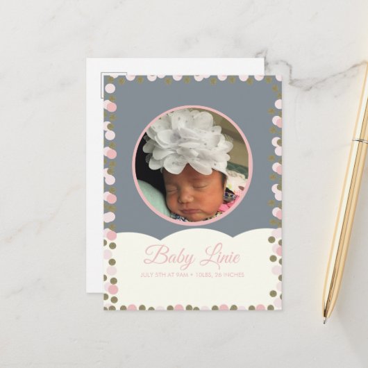 Postale Faire-part Carte d'annonce de naissance bébé avec bordure de (Devant/Arrière en situation)