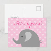 Postale Faire-part Carte d'annonce de naissance d'éléphant rose et gr (Devant / Derrière)
