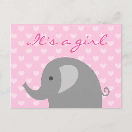 Postale Faire-part Carte d'annonce de naissance d'éléphant rose et gr (Devant)