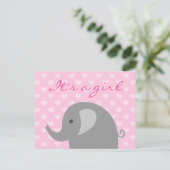 Postale Faire-part Carte d'annonce de naissance d'éléphant rose et gr (Debout devant)