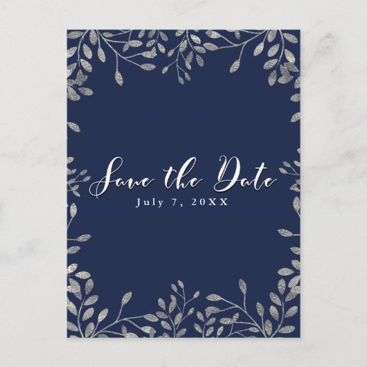 Postale Faire-part Carte de mariage botanique bleue et argentée à con (Devant)