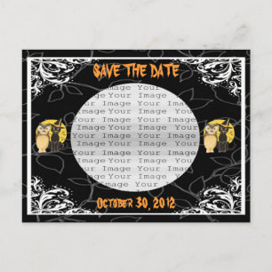 Postale Faire-part Carte de mariage Halloween Chat & Hibou Enregistre