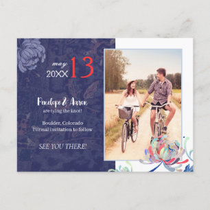 Postale Faire-part Carte de mariage photo à conserver Bleu marine flo