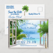 Postale Faire-part Carte de mariage tropicale avec scène de plage pou (Devant / Derrière)