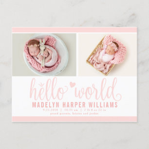 Postale Faire-part Carte de naissance avec photo Hello World rose pou