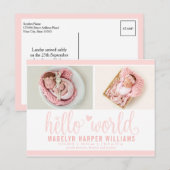Postale Faire-part Carte de naissance avec photo Hello World rose pou (Devant / Derrière)