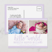 Postale Faire-part Carte de naissance photo Bonjour le monde Violet L (Devant / Derrière)