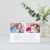 Postale Faire-part Carte de naissance photo Bonjour le monde Violet L (Debout devant)