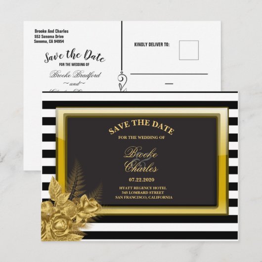 Postale Faire-part Carte de notification de mariage Art Déco Roses et (Devant / Derrière)