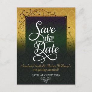 Postale Faire-part Carte de pré-annonce Golde Green Damask Elegance