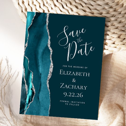 Postale Faire-part Carte de pré-annonce Teal Blue Silver Agate
