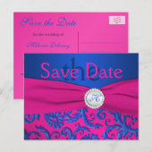 Postale Faire-part Carte de préavis de monogramme Cobalt et Fuchsia (Devant / Derrière)