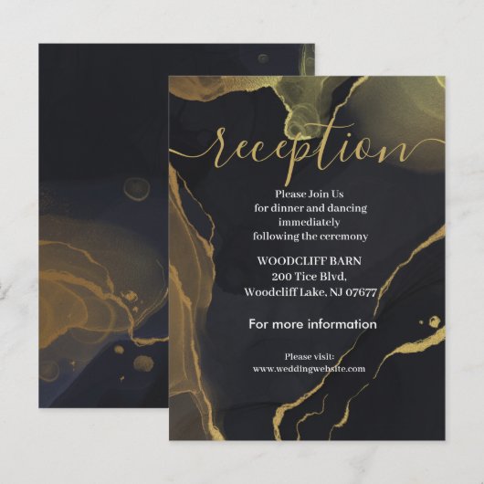 Postale Faire-part carte de réception en marbre noir et or (Devant / Derrière)
