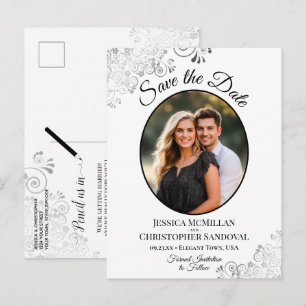 Postale Faire-part Carte de sauvegarde de mariage argent et blanc ave