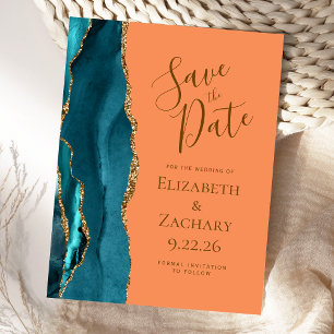 Postale Faire-part Carte de sauvegarde de mariage sarcelle or agate m