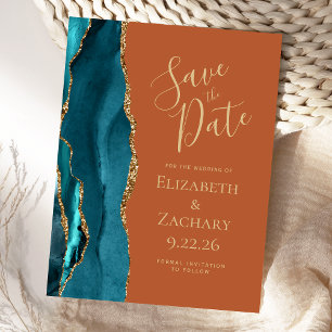 Postale Faire-part Carte de sauvegarde de mariage Teal Gold Agate Ora