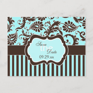 Postale Faire-part Carte de sauvegarde en damas rayé blanc aqua marro