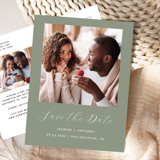 Postale Faire-part Carte de sauvegarde Minimal 2-Photo Script Vert Sa