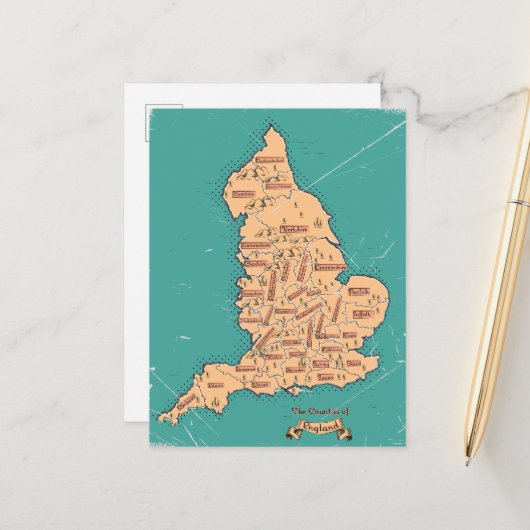Postale Faire-part Carte des comtés vintage d'Angleterre (Devant/Arrière en situation)