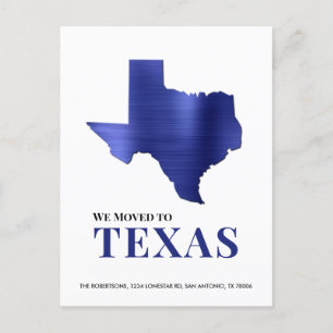 Postale Faire-part Carte du Texas en métal brossé bleu Nouvelle adres
