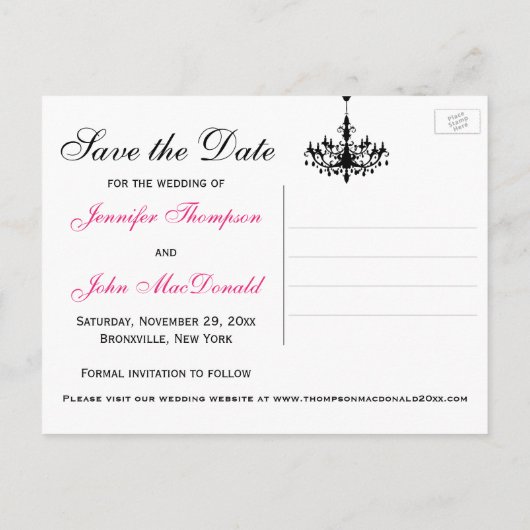 Postale Faire-part Chandeliers rose noir blanc Enregistrer la carte D (Dos)