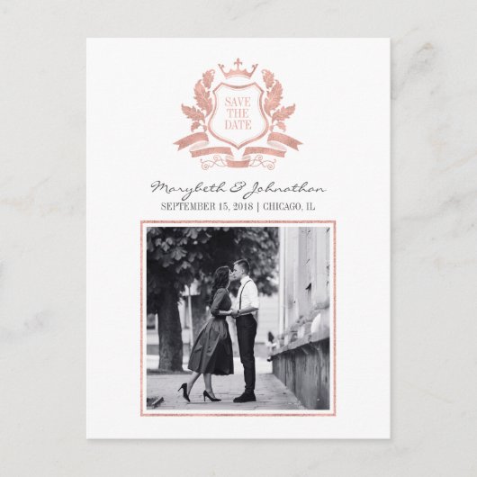 Postale Faire-part Classic Rose Gold Crest Enregistrer La Date Carte  (Devant)