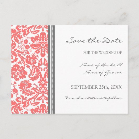 Postale Faire-part Coral Grey Damask Enregistrer la date Carte postal (Devant)