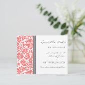 Postale Faire-part Coral Grey Damask Enregistrer la date Carte postal (Debout devant)