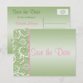 Postale Faire-part Damas vert et rose Enregistrer la date Carte posta (Devant / Derrière)
