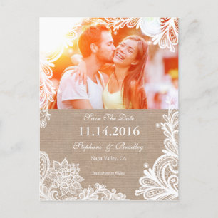 Postale Faire-part Dentelle vintage et Burlap Enregistrer la carte po