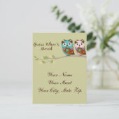 Postale Faire-part Devinez la carte de la chouette déplacée de Whoo (Debout devant)