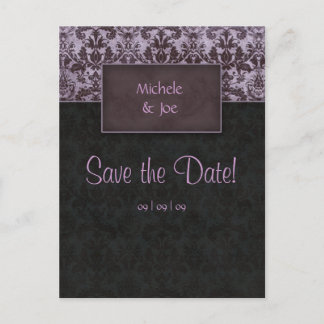 Postale Faire-part Enregistrer la date Purple Black Damask Carte post