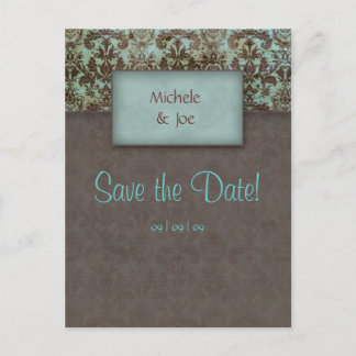 Postale Faire-part Enregistrer la date Turquoise Brown Damask Carte p