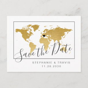 Postale Faire-part Gold World Map Minimal Enregistrer la date Carte p