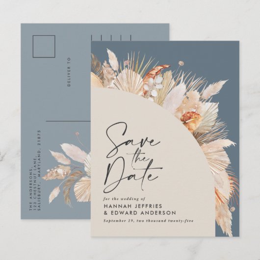 Postale Faire-part Graminée pampas bleue botanique moderne carte de s (Devant / Derrière)