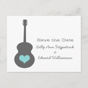 Postale Faire-part Grey/Aqua Guitar Heart Enregistrer la date Carte p