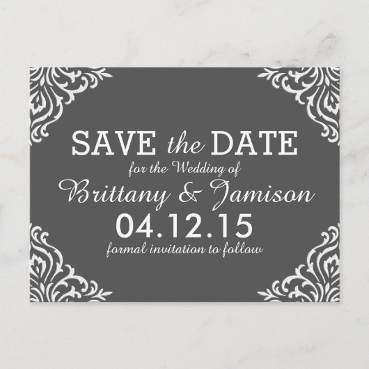 Postale Faire-part Grey Damask Elegant Enregistrer la date Carte post (Devant)