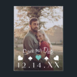 Postale Faire-part Las Vegas Poker Enregistrer la date Photo Carte po<br><div class="desc">Enregistrez la carte postale photo Date pour un mariage ou un amoureux du poker de Las Vegas ! Front a personnalisable modèle photo et date avec des couleurs personnalisables sur le graphique. Détails de l'emplacement sur le dos. Le placement du timbre et la ligne centrale sont facultatifs. "clear" to remove,...</div>