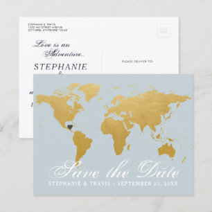 Postale Faire-part Mariage de Rêve à l'Étranger Carte du Monde Save t