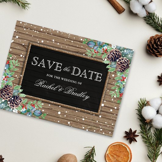 Postale Faire-part Mariage d'hiver de Noël rustique, carte de sauvega