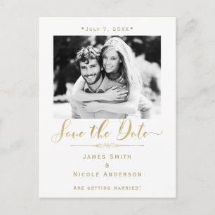 Postale Faire-part Mariage Moderne Blanc & Or Photo Carte de "Save th