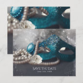 Postale Faire-part Masque de Bal Élégant & Perles Carte de Préavis (Devant / Derrière)