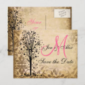 Postale Faire-part Monogramme Damask Heart Tree Enregistrer les carte (Devant / Derrière)