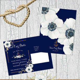 Postale Faire-part Nautical Navy + Anémone Blanche Ancre Carte de sau