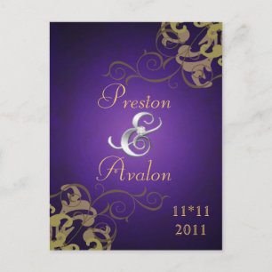 Postale Faire-part Noble Gold Scroll Purple Enregistrer La Date Carte